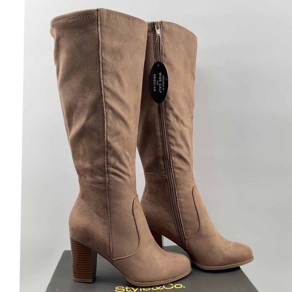 Style & Co Addyy WC Taupe Faux Suede Tall Wide Calf Block Heel Boots 6M
